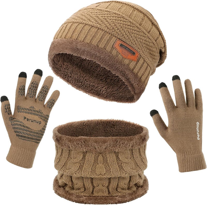 MAYLISACC Winter Knit Beanie Hat Neck Warmer Scarf and Touch Screen Gloves Set 3 Pcs Fleece Lined Skull Cap for Men Women - Image 1